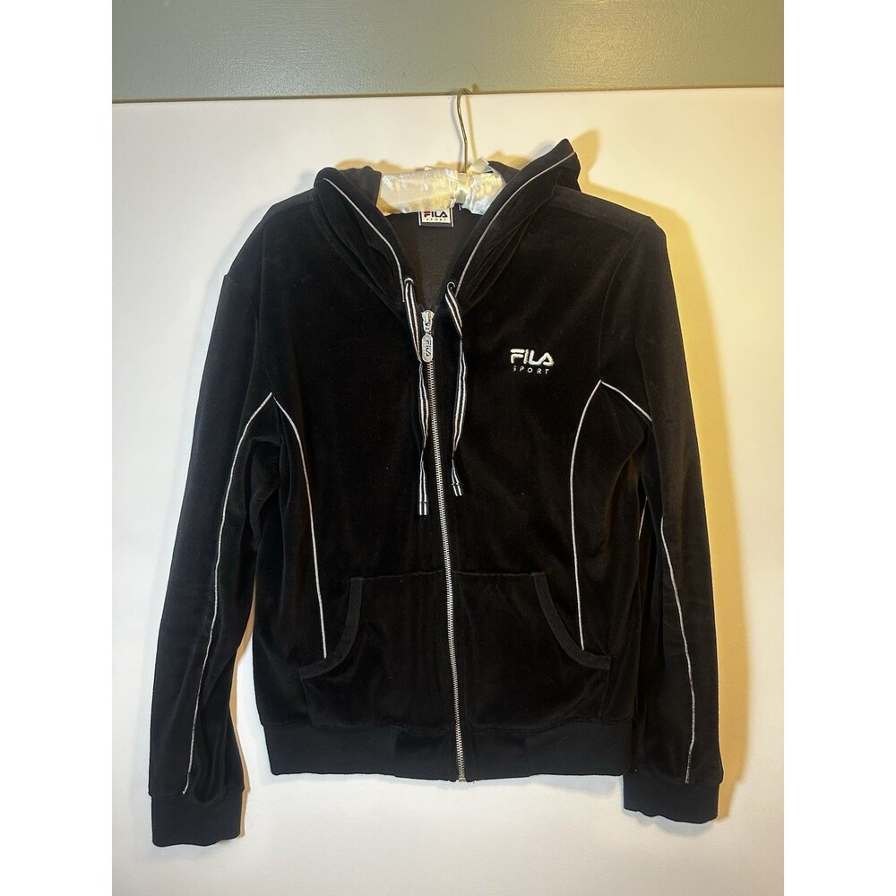 Fila Black Velour Zip Up Hoodie Track Jacket Coral White Stripe Womens Medium - Picture 15 of 16